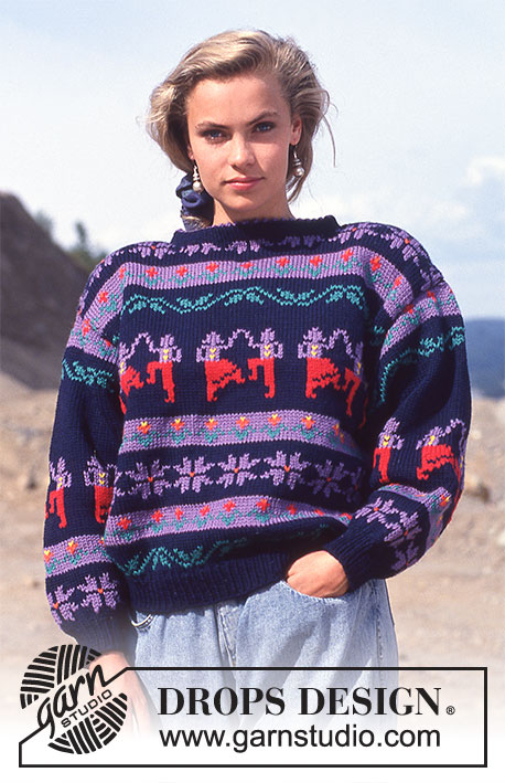Disco Flowers / DROPS 24-14 - Sweter na drutach, z żakardem, z włóczki DROPS Alaska.