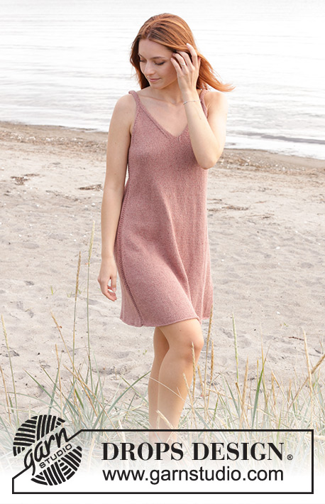 Rose Whisper / DROPS 240-12 - Knitted dress in DROPS Belle. Piece is knitted top down in stockinette stitch with V-neck and straps. Size XS – XXL.