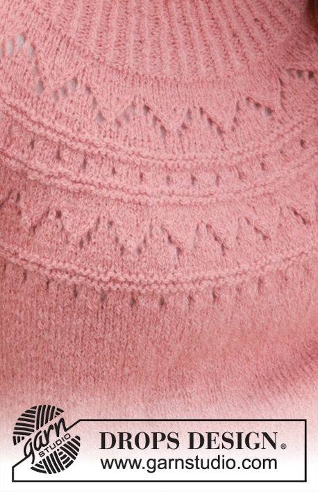 Blushing Rose Sweater / DROPS 240-22 - Gebreide trui in DROPS Sky. Het werk wordt van boven naar beneden gebreid met ronde pas, kantpatroon en split in de zijkanten. Maten S - XXXL.