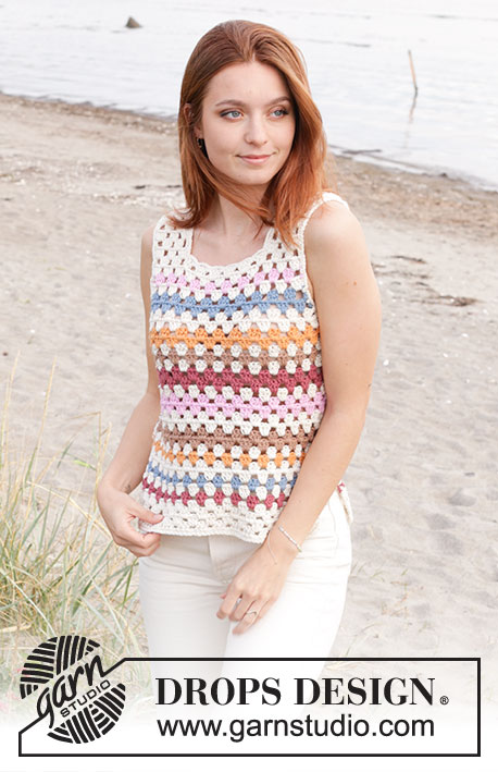 Beach Glass Top / DROPS 240-9 - Crocheted top in DROPS Paris. Piece is crocheted from bottom up with stripes and vents in the sides. Size XS – XXL.