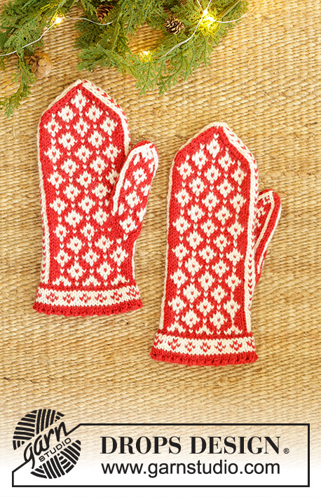 Very Merry Mittens / DROPS 242-65 - Rękawiczki na drutach, z włóczki DROPS Lima. Przerabiane od dołu do góry, z żakardem norweskim. Temat: Boże Narodzenie.