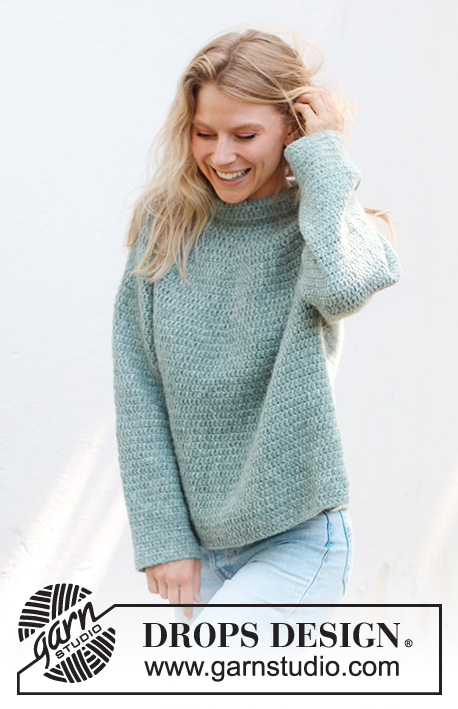 Sea Foam Sweater / DROPS 243-14 - Crocheted sweater in DROPS Air. The piece is worked top down, with round yoke and double neck. Sizes S - XXXL.