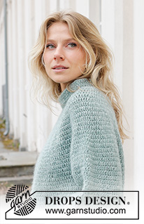 Sea Foam Sweater / DROPS 243-14 - Crocheted jumper in DROPS Air. The piece is worked top down, with round yoke and double neck. Sizes S - XXXL.