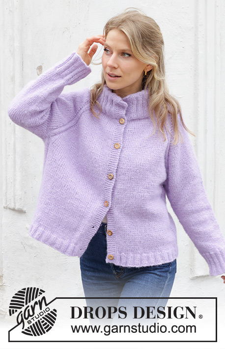 Winter Iris Cardigan / DROPS 243-19 - Knitted jacket in DROPS Air. The piece is worked top down with raglan and high, double neck. Sizes XS - XXL.