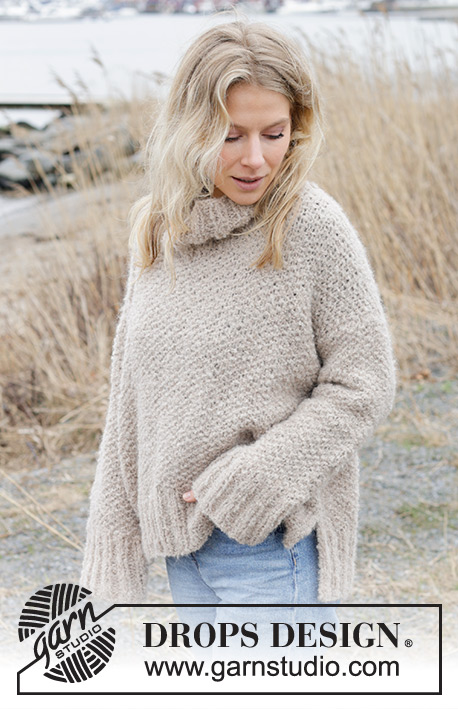 Outdoor Escape Sweater / DROPS 243-24 - Knitted jumper in DROPS Alpaca Bouclé and DROPS Brushed Alpaca Silk. The piece is worked top down with European/diagonal shoulders, moss stitch, high neck and split in sides. Sizes S - XXXL.