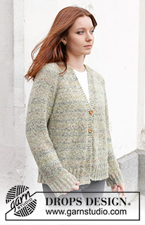 Hidden Forest Cardigan / DROPS 243-25 - Knitted jacket in DROPS Fabel and DROPS Brushed Alpaca Silk. The piece is worked top down with raglan and V-neck. Sizes S - XXXL.