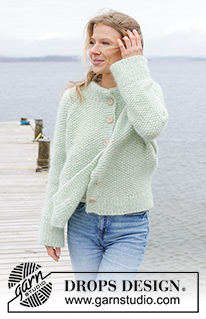Green Whisper Cardigan / DROPS 243-4 - Knitted jacket in DROPS Air and DROPS Kid-Silk. The piece is worked top down with moss stitch, double neck, raglan and split in the sides. Sizes S - XXXL.