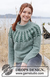Ancient Woodlands Sweater / DROPS 244-1 - Pulôver tricotado de cima para baixo, em DROPS Sky. Tricota-se com gola dobrada, encaixe arredondado, jacquard norueguês e fendas nos lados. Do S ao XXXL.