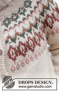 Forest Echo Cardigan / DROPS 244-10 - Casaco tricotado de cima para baixo em DROPS Nepal. Tricota-se com encaixe arredondado, jacquard, gola dobrada e fendas nos lados. Do S ao XXXL.