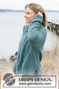 Emerald Lake Cardigan / DROPS 244-11 - Knitted jacket in DROPS Sky. The piece is worked top down with high neck, raglan, cables and split in sides. Sizes XS - XXL.