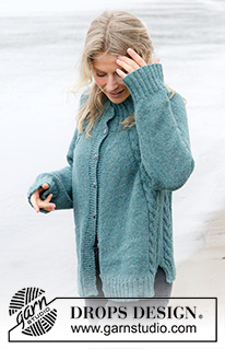 Emerald Lake Cardigan / DROPS 244-11 - Knitted jacket in DROPS Sky. The piece is worked top down with high neck, raglan, cables and split in sides. Sizes XS - XXL.