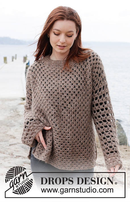 Chestnut Bay / DROPS 244-14 - Crocheted jumper in DROPS Brushed Alpaca Silk and DROPS Flora. The piece is worked from the middle outwards, in squares. Sizes S - XXXL.
