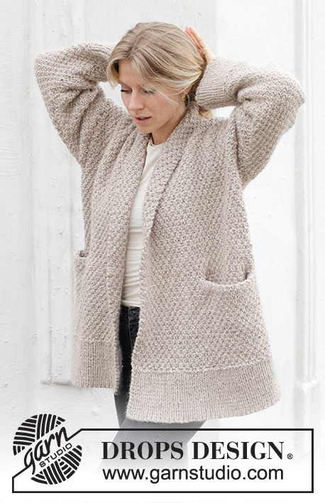 Oat Flakes Cardigan / DROPS 244-16 - Knitted jacket in DROPS Soft Tweed and DROPS Kid-Silk. The piece is worked bottom up with moss stitch, shawl-collar, pockets and split in sides. Sizes S - XXXL.