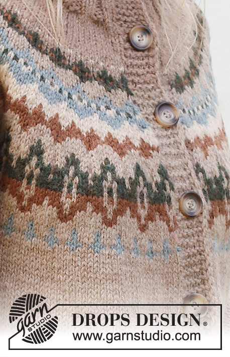 Autumn Reflections Cardigan / DROPS 244-23 - Casaco tricotado de cima para baixo, em DROPS Nepal. Tricota-se com encaixe arredondado, jacquard e gola dobrada. Do S ao XXXL.