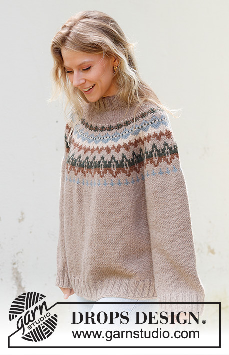 Autumn Reflections Sweater / DROPS 244-24 - Pull tricoté de haut en bas, en DROPS Nepal. Se tricote avec empiècement arrondi, jacquard et col doublé. Du S au XXXL.