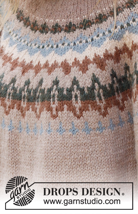 Autumn Reflections Sweater / DROPS 244-24 - Knitted jumper in DROPS Nepal. The piece is worked top down with round yoke, multi-coloured pattern and double neck. Sizes S - XXXL.