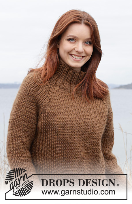 Autumn Amber Sweater / DROPS 244-25 - Sweter na drutach, przerabiany od góry do dołu z włóczki DROPS Snow. Przerabiany dżersejem, z reglanowymi rękawami i wysokim wykończeniem dekoltu. Od S do XXXL.