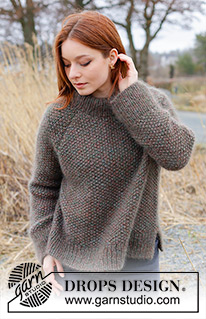 Forest Trails Sweater / DROPS 244-4 - 4 DROPS Kid-Silk lõngaga ülevalt alla pärlkoes kootud raglaanvarrukatega, topeltkaelusega ja lõhikutega džemper suurustele S kuni XXXL