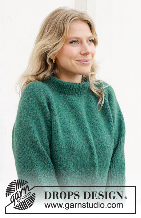 Green Hill Sweater / DROPS 244-7 - Sweter na drutach, przerabiany od góry do dołu z włóczki DROPS Air. Z reglanowymi rękawami i podwójnym wykończeniem dekoltu. Od S do XXXL.