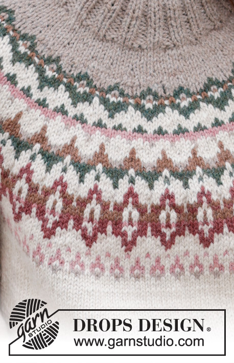 Forest Echo Sweater / DROPS 244-9 - Sweter na drutach, przerabiany od góry do dołu, z włóczki DROPS Nepal. Z zaokrąglonym karczkiem, żakardem, podwójnym wykończeniem dekoltu i pęknięciami na bokach. Od S do XXXL.