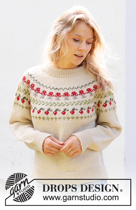 Mushroom Season Sweater / DROPS 245-11 - Knitted sweater in DROPS Karisma. The piece is worked top down with double neck, round yoke, colored pattern with fungi and berries and split in sides. Sizes S - XXXL.