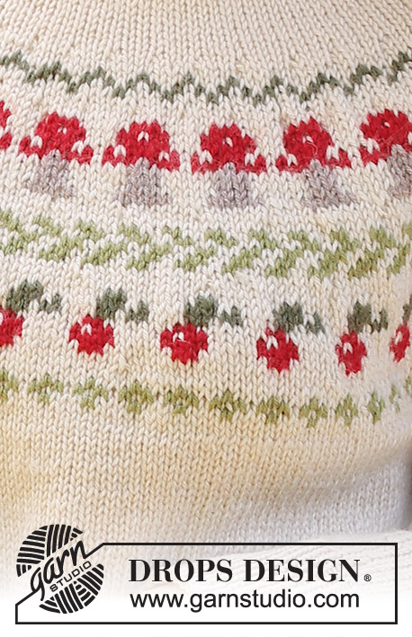 Mushroom Season Sweater / DROPS 245-11 - Kötött Drops pulóver DROPS Karisma fonalból. A darabot fentről lefelé irányban készítjük dupla nyakkal, kerek vállrésszel, színes gombás mintával és az oldalán hasítékkal S - XXXL méretekben.