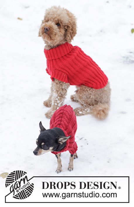 Holiday Buddies / DROPS 245-31 - Sweterek / płaszcz dla psa, z włóczki DROPS Karisma. Przerabiany od szyi, ze ściągaczem i warkoczami. Od XS - M. Temat: Boże Narodzenie.