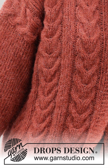 Flaming Heart Cardigan / DROPS 245-9 - Propínací svetr s copánky, stojáčkem a postranními rozparky pletený v řadách zdola nahoru z příze DROPS Brushed Alpaca Silk. Velikost S – XXXL.
