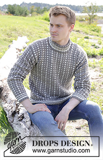 Winter Twilight / DROPS 246-1 - Męski sweter na drutach, z włóczki DROPS Merino Extra Fine. Przerabiany od dołu do góry z żakardem norweskim/islandzkim, podwójnym wykończeniem dekoltu i wszywanymi rękawami. Od S do XXXL.