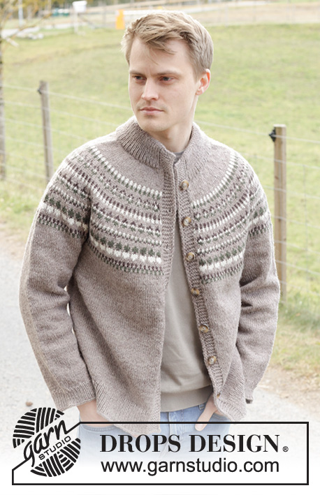 Boreal Circle Cardigan / DROPS 246-10 - Męski rozpinany sweter na drutach, przerabiany od góry do dołu, z włóczki DROPS Karisma. Z zaokrąglonym karczkiem i żakardem norweskim. Od S do XXXL.