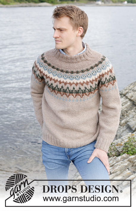 Autumn Reflections Sweater / DROPS 246-4 - Męski sweter na drutach, przerabiany od góry do dołu, z włóczki DROPS Nepal. Z zaokrąglonym karczkiem i żakardem. Od S do XXXL.