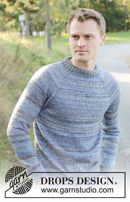 Blue Terrain / DROPS 246-41 - Męski sweter na drutach, przerabiany od góry do dołu, z włóczki DROPS Fabel. Z reglanowymi rękawami i podwójnym wykończeniem dekoltu. Od S do XXXL.