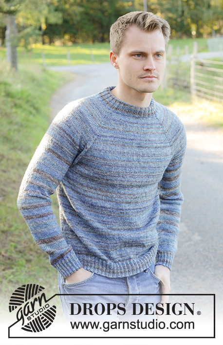 Blue Terrain / DROPS 246-41 - Pull tricoté de haut en bas pour homme en DROPS Fabel. Se tricote avec emmanchures raglan et col doublé. Du S au XXXL.