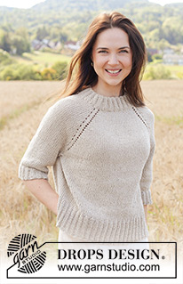 Sand Valley / DROPS 248-12 - Knitted jumper in DROPS Bomull-Lin or DROPS Paris. The piece is worked top down in stocking stitch with double neck, raglan, ¾-length sleeves and split in sides with I-cord. Sizes XS - XXL.