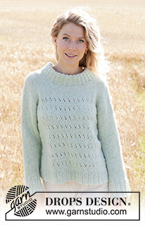 Mint to Be Sweater / DROPS 249-18 - Stickad tröja i DROPS Air. Arbetet stickas nerifrån och upp med hålmönster, sned axel, dubbel halskant och isydda ärmar. Storlek S - XXXL.
