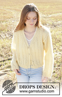 Sunshine Trail Cardigan / DROPS 249-6 - Rozpinany sweter na drutach, przerabiany od dołu do góry, 3 nitkami włóczki DROPS Kid-Silk. Ze ściegiem ażurowym, dekoltem V i brzegiem metodą I-cord. Od XS do XXL.