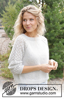 Remembering Spring / DROPS 250-1 - Knitted sweater in DROPS Alpaca and DROPS Kid-Silk. The piece is worked top down with double neck, raglan, lace pattern and ¾-length sleeves. Sizes S - XXXL.