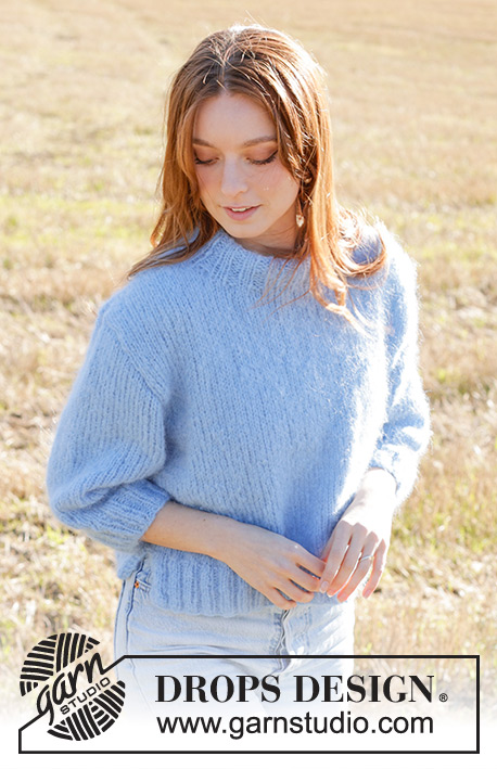 Painted Sky Sweater / DROPS 250-37 - Strikket bluse i DROPS Melody. Arbejdet strikkes nedefra og op i glatstrik med slids i siderne, dobbelt halskant og ¾ lange ærmer. Størrelse S - XXXL.