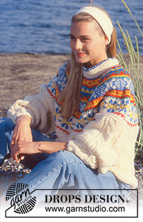 Life in Colour / DROPS 27-11 - Sweter na drutach, z warkoczami, ściegiem ryżowym i żakardem na karczku, z włóczki DROPS Alaska. Rozmiar M.