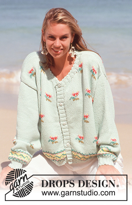 Posies Cardigan / DROPS 30-15 - Rozpinany sweter na drutach, z żakardem w bukieciki kwiatów, z włóczki DROPS Paris. Od S do L.
