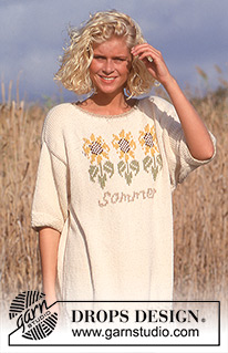 Sunflower Dance / DROPS 33-5 - Sweter na drutach, z krótkim rękawem, z żakardem w słoneczniki, z włóczki DROPS Paris. Od S do L.
