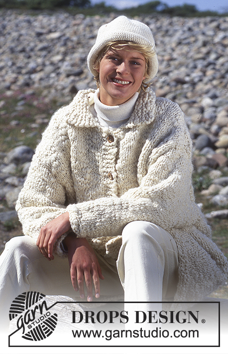 DROPS 39-6 - Krótki lub długi rozpinany sweter na drutach, z włóczki DROPS Ull-Flamé, czapka na szydełku z włóczki DROPS Alaska. Od S do L.