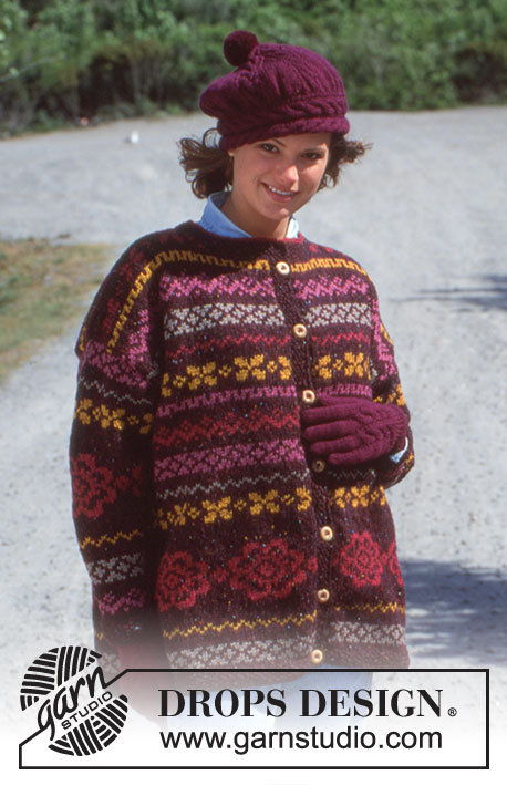 DROPS 40-15 - Rozpinany sweter na drutach, z żakardem, z włóczki DROPS Alaska Tweed lub 2 nitkami włóczki DROPS Fabel. Czapka i rękawiczki na drutach z włóczki DROPS Karisma. Od S do L.