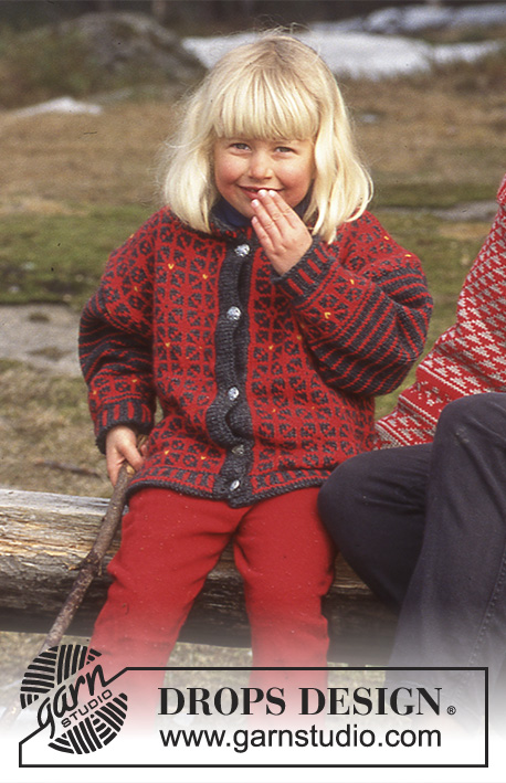 Lille Sonja / DROPS 47-4 - Rozpinany sweter na drutach z geometrycznym żakardem i w paski, z włóczki DROPS Karisma Superwash. Od 3 /4 lat do 13/14 lat.
