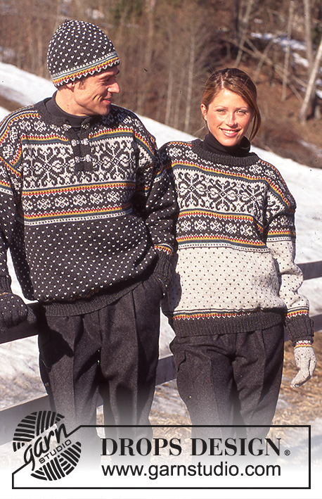 DROPS 52-18 - Damski lub męski sweter na drutach z żakardem, z włóczki DROPS Karisma Superwash. Czapka i rękawiczki na drutach, z żakardem z włóczki DROPS Karisma Superwash.