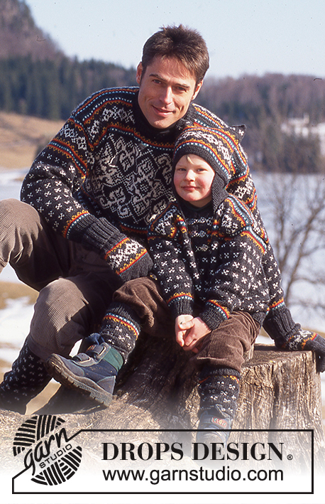 Linus / DROPS 52-3 - Dziecięcy sweter na drutach z żakardem z włóczki DROPS Karisma Superwash, z czapką i skarpetkami w komplecie.