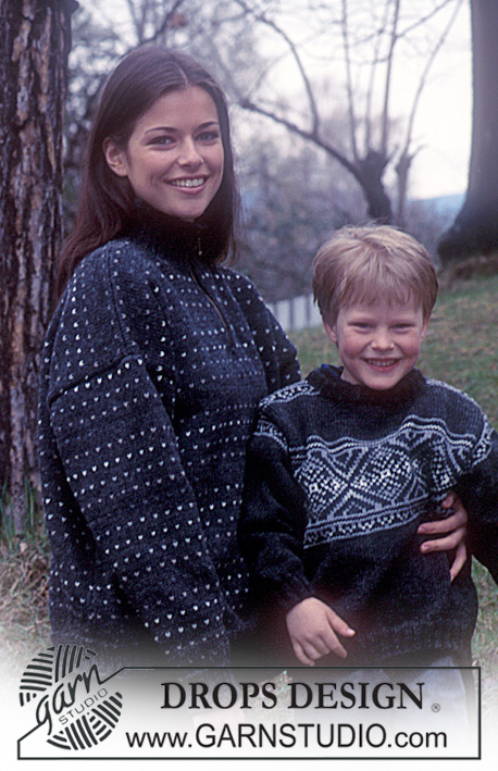 DROPS 59-10 - Pull tricoté pour femme, homme et enfant en DROPS Karisma, avec jacquard nordique islandais, col zippé. Taille femme: du S au L – taille homme: du S au XXL – taille enfant du 2 au 14 ans.