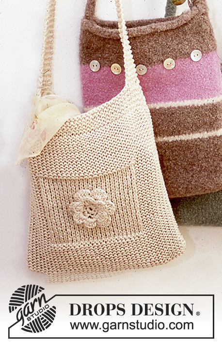DROPS 73-28 - Knitted DROPS bag and Make-up bag in «Ribbon» with crochet flower
