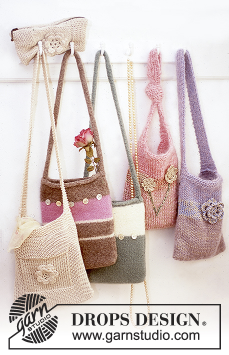 DROPS 73-28 - Knitted DROPS bag and Make-up bag in «Ribbon» with crochet flower