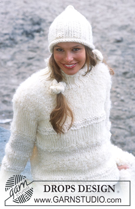 Winter Pearl / DROPS 79-5 - Sweter na drutach, przerabiany 4 nitkami – czapka i frotka z włóczki Drops Snow
